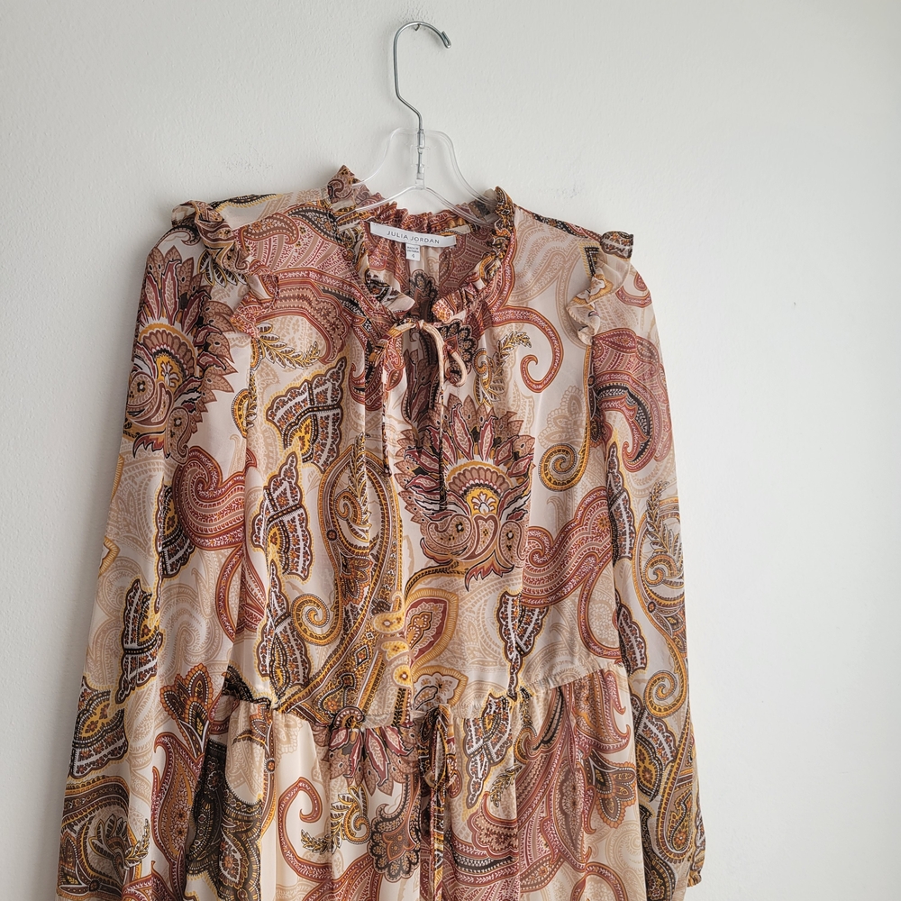 JUILA JORDAN Tiered Brown Chiffon Paisley Jacquard Midi Dress - Picture 6 of 7